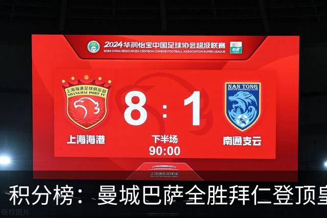 积分榜：曼城巴萨全胜拜仁登顶皇马升3 曼联7分第13